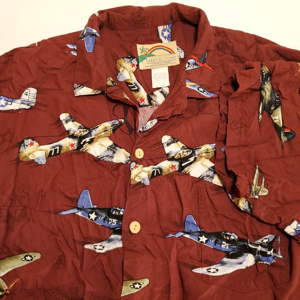 Paradise Found Mens XL Airplane Hawaiian Button Up Casual Short Sleeve